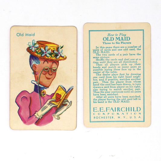 Old Maid card game from E.E. Fairchild, 1940's expanded edition. Showing Old Maid and How to Play Cards.