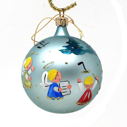 Ornaments, Glass Ball, Hand Painted Angels Choir, Gold Glitter, Germany Original, Vintage