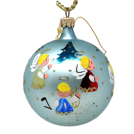 A vintage glass ball Christmas ornament imported from Germany.  All free-hand painted with angels playing musical instruments and gold glitter.  Unique