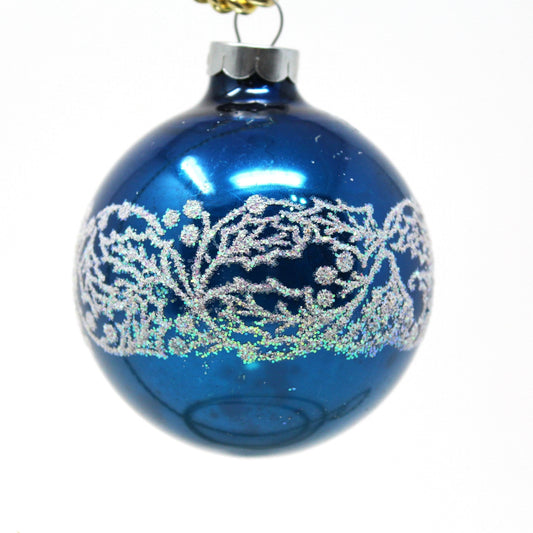 Ornaments, Glass Ball, Blue with White Stencil Glitter Holly and Berries, Original, Vintage