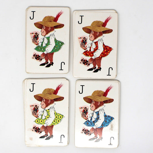 View of all Jacks in a vintage Slap Jack card game from Whitman. Monkeys dressed like people with hats