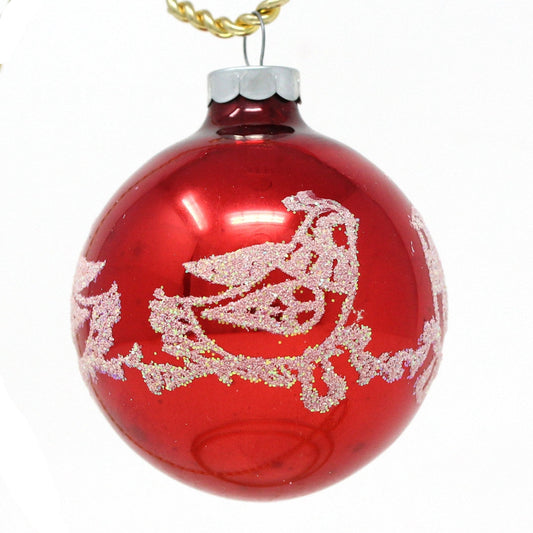 Vintage George Franke Red Christmas glass ornament with stenciled Partridge bird in glitter mica.  Mid Century holiday decor.