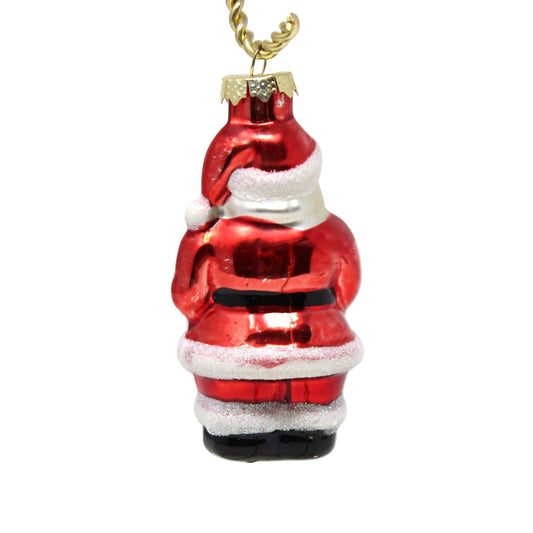 Red glass Santa Claus ornament with gold chain on a white background