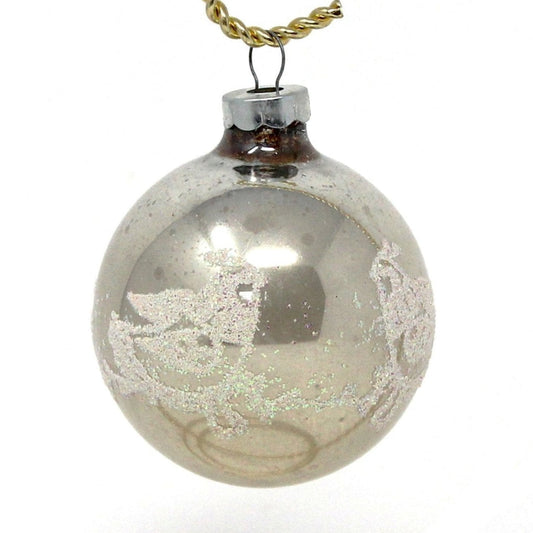 Vintage Silver mercury glass ball Christmas ornament with stenciled partridge design and white glitter.