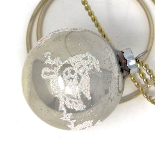 Ornaments, Glass Ball, Silver with Stenciled Bird / Partridge, White Glitter, Original, Vintage