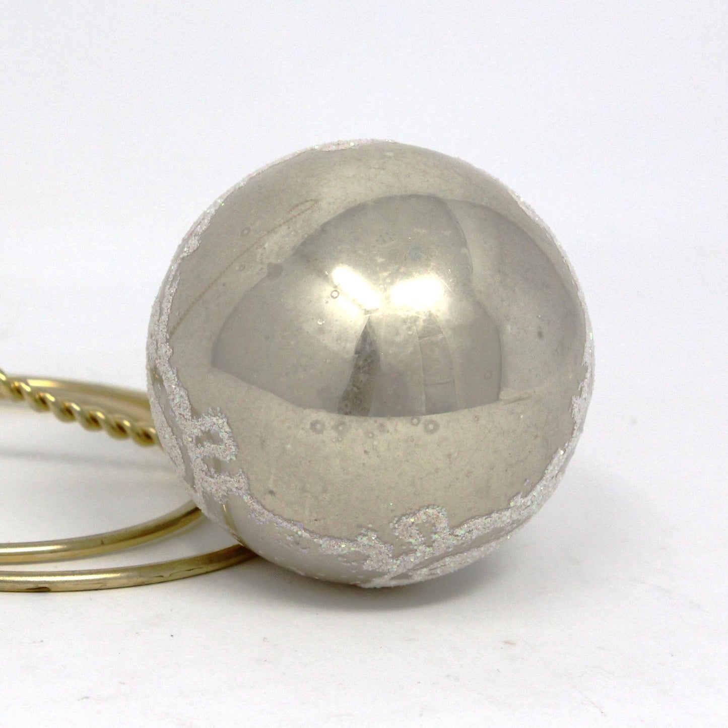 Ornaments, Glass Ball, Silver with Stenciled Bird / Partridge, White Glitter, Original, Vintage