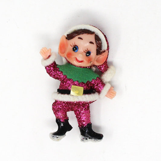 Ornaments, Celluloid Elf Decoration, Flocked / Glitter, Christmas Kitsch, Vintage