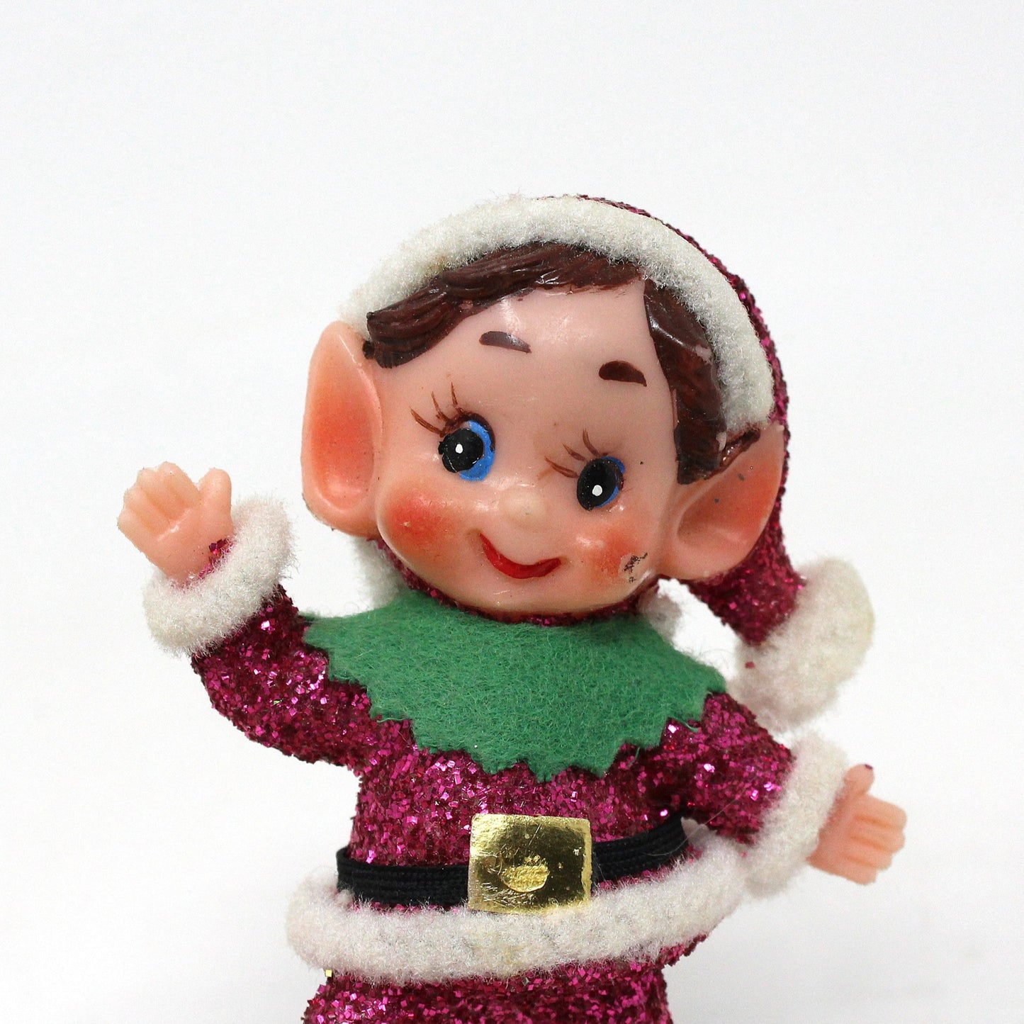 Ornaments, Celluloid Elf Decoration, Flocked / Glitter, Christmas Kitsch, Vintage