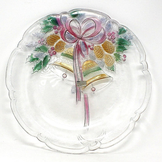 Vintage Mikasa Serving Platter, Christmas Embossed Colorful Holiday Bells & Pinecones, Elegant Tableware.