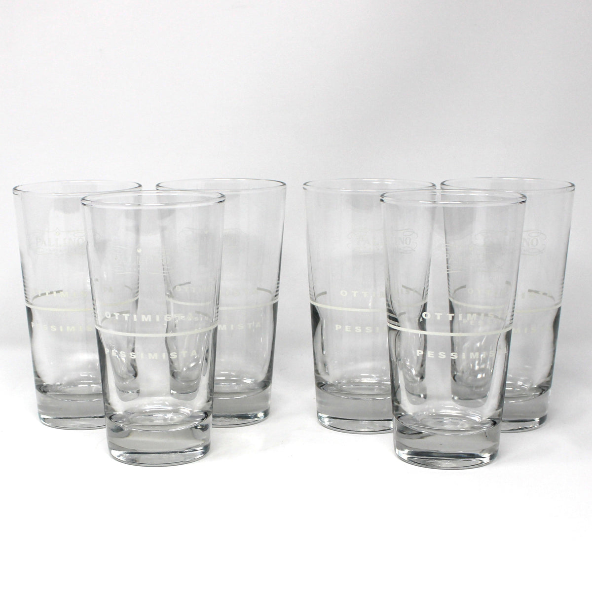 Juice / Shot Glasses: Pallino Pastaria Optimist / Pessimist, Advertising Glassware, Set of 6, Libbey