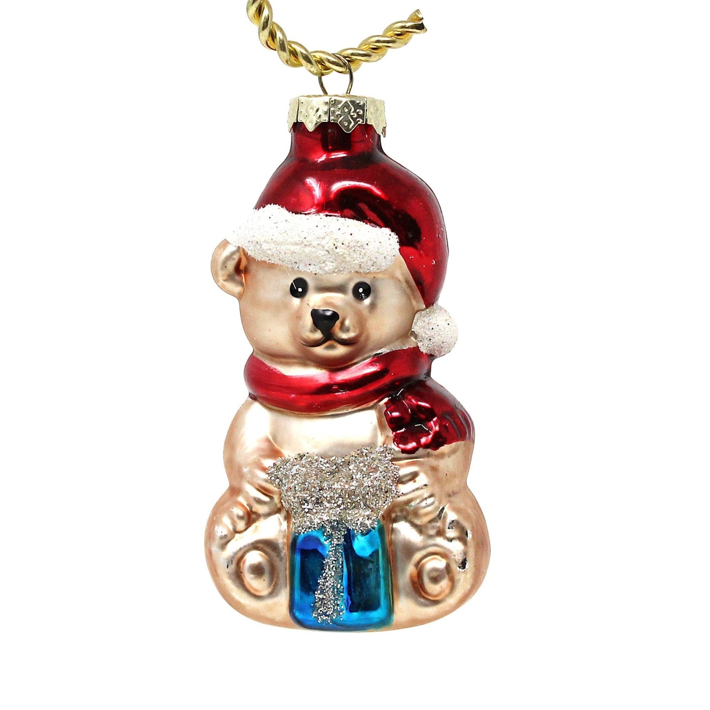 Ornaments, Set of 3, Figural Teddy Bears with Santa Hat, Glitter, Blown Glass, Vintage