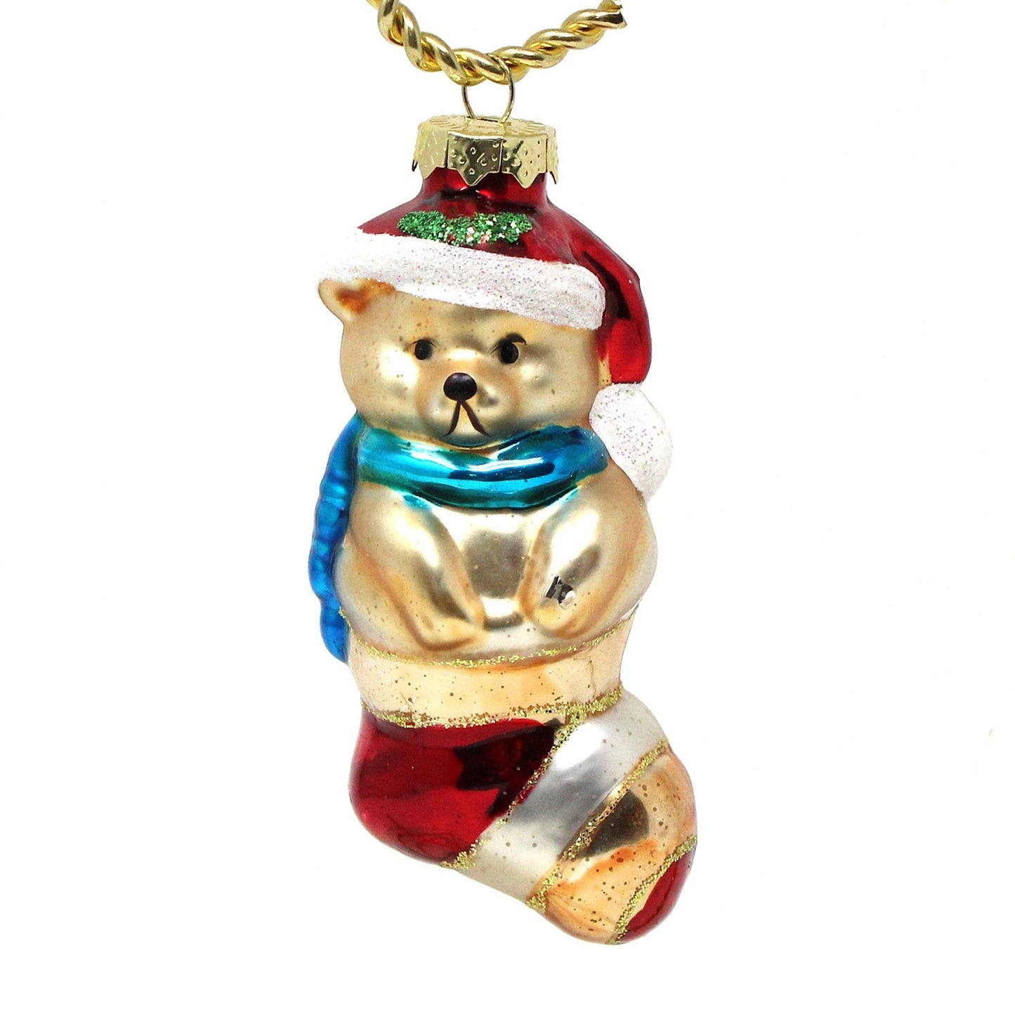 Ornaments, Set of 3, Figural Teddy Bears with Santa Hat, Glitter, Blown Glass, Vintage