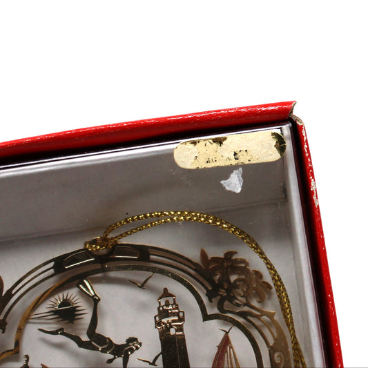 Ornament: Traverse City Michigan Souvenir, 24KT Gold Finished Brass, Vintage Christmas 1990s