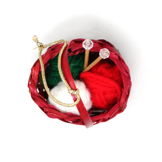 Ornaments, Knitting Basket with Yarn, Christmas Ornament, Vintage