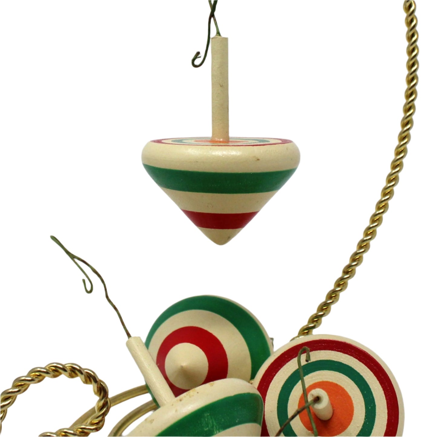 Ornaments, Mini Wooden Christmas Toy Spinning Tops, Vintage, Set of 4