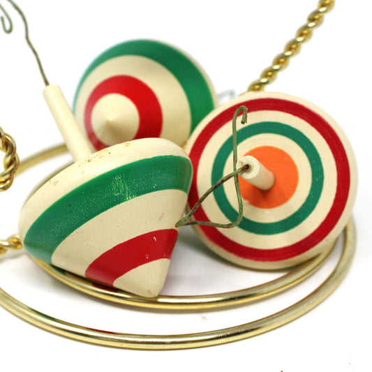 Ornaments, Mini Wooden Christmas Toy Spinning Tops, Vintage, Set of 4