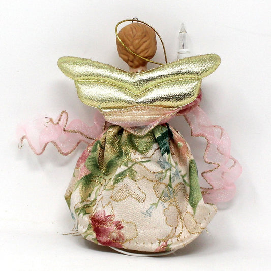 Ornaments, Lighted Angel, Porcelain & Brocade, Gold Wings, Vintage 1990s