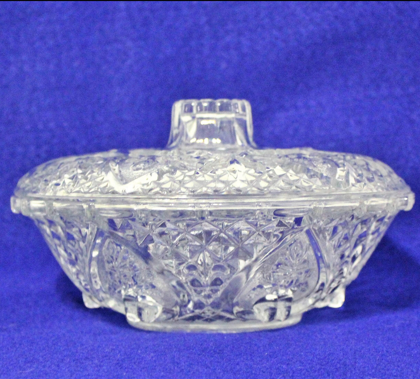 Bowl with Lid, KIG Embossed Hearts & Fleur De Lis, Glass, Vintage