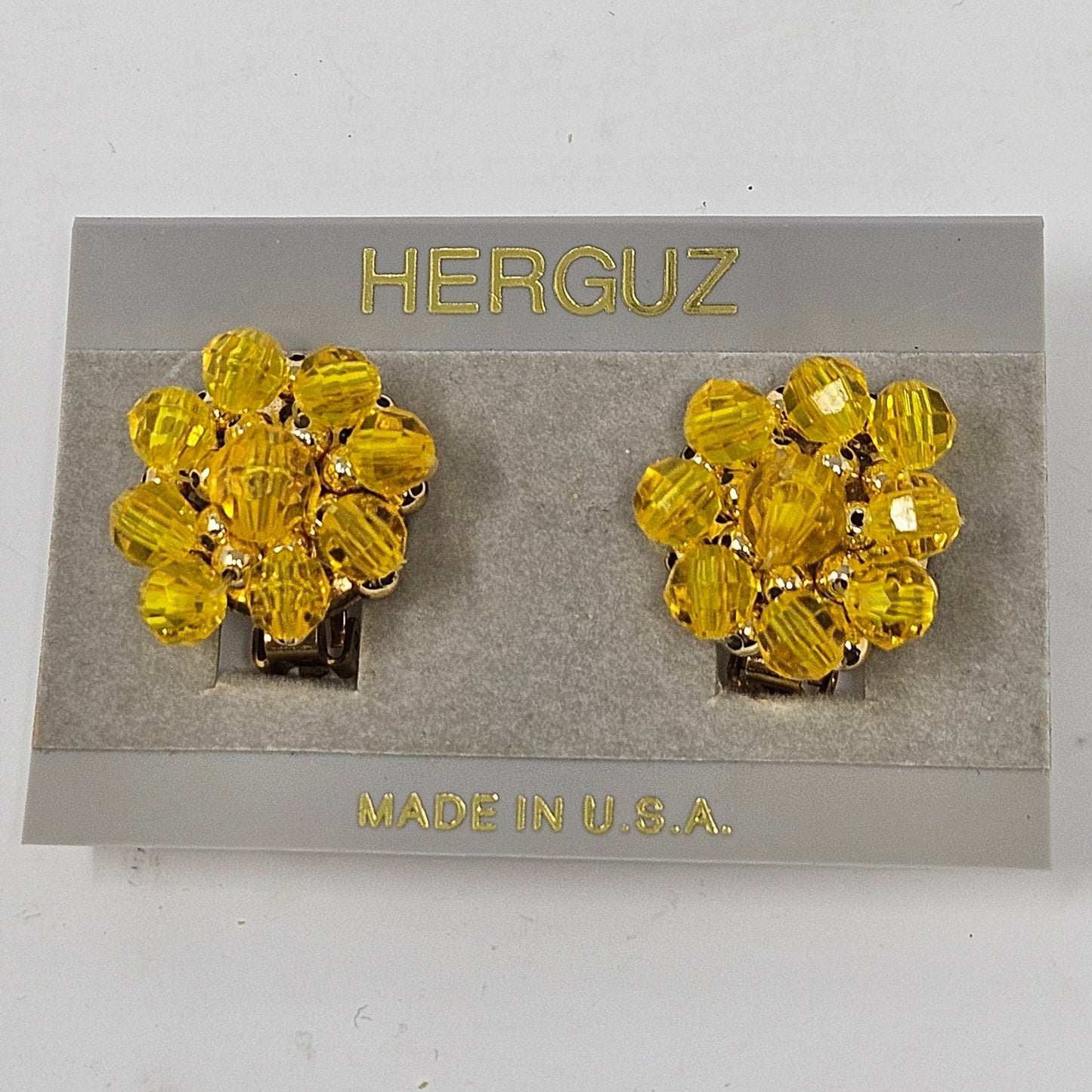 Demi Parure, Herguz Yellow Torsade Necklace & Floral Cluster Earrings, Signed, Vintage 1970s