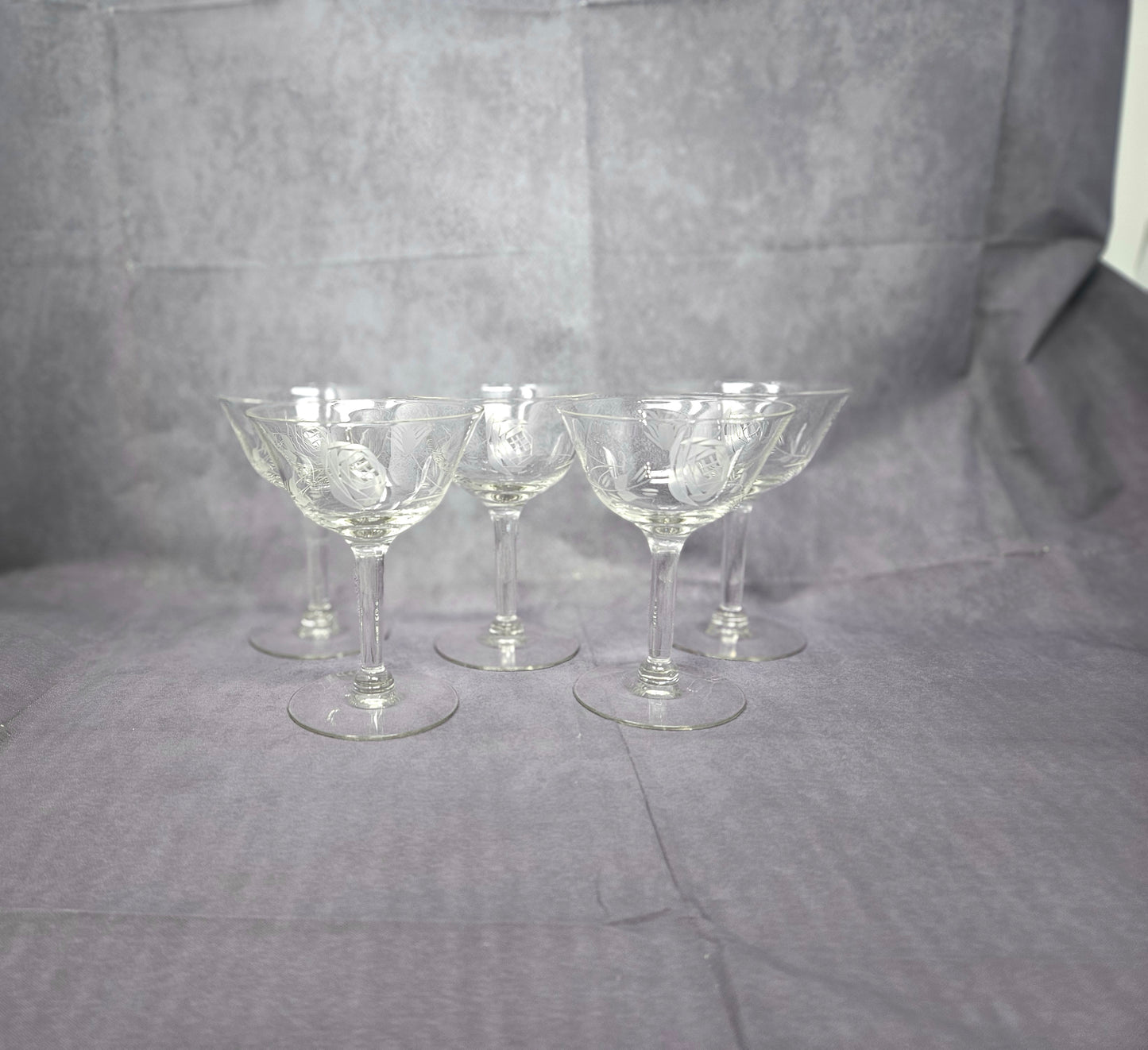 Champagne / Tall Sherbet, Cut / Etched Rose and Leaves, Blown Glass, Set of 5, Vintage
