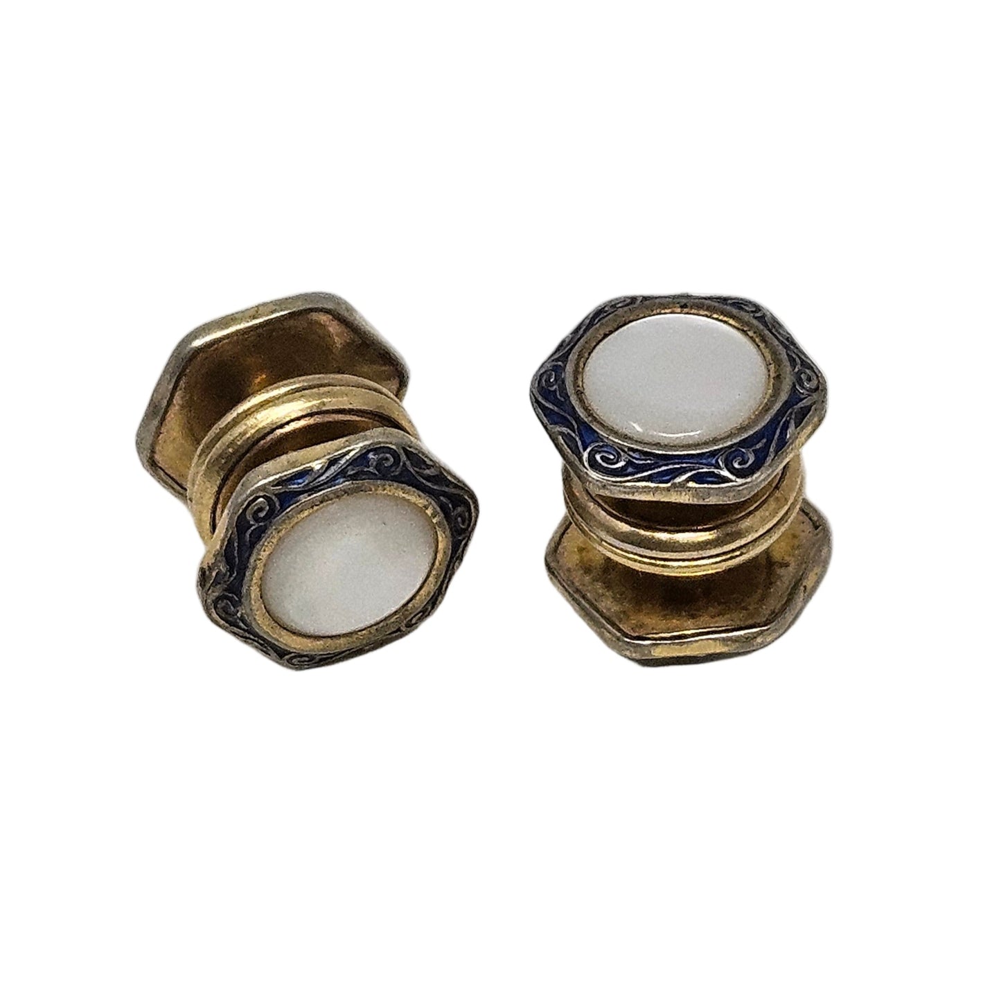 Cufflinks, Baer & Wilde, Art Deco, Mother of Pearl & Blue Enamel, Kum-a-Part Snap Link, Vintage