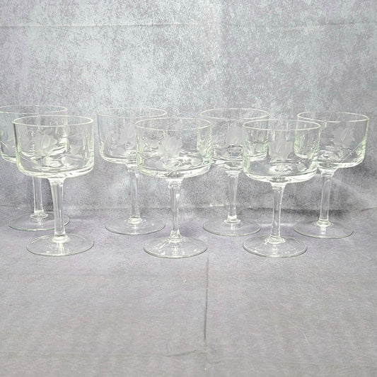 Glasses, Cocktail Stemware, Etched Rose and Leaves, Set of 7, Cordial Glasses, Straight Sides, Flat Bottom Bowl, Vintage