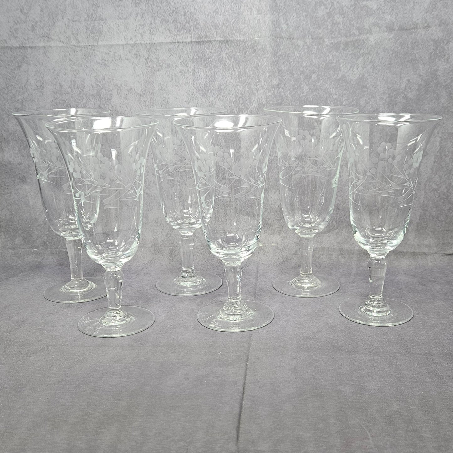 Glasses, Cocktail / Sherry / Liqueur Glasses, Blown Glass, Footed, Etched Florals, Set of 6, Vintage