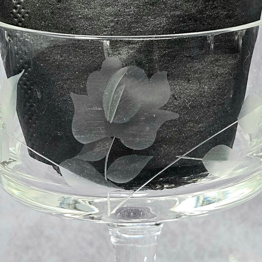 Glasses, Cocktail Stemware, Etched Rose and Leaves, Set of 7, Cordial Glasses, Straight Sides, Flat Bottom Bowl, Vintage