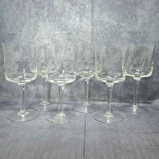 Wine Glasses, Etched Rose and Leaves, Stemware, Set of 6, Straight Sides, Flat Bottom Bowl, Vintage