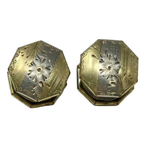 Cufflinks, PRESSIT, Art Deco, Engraved Octagon Shape, Two-Tone, Vintage