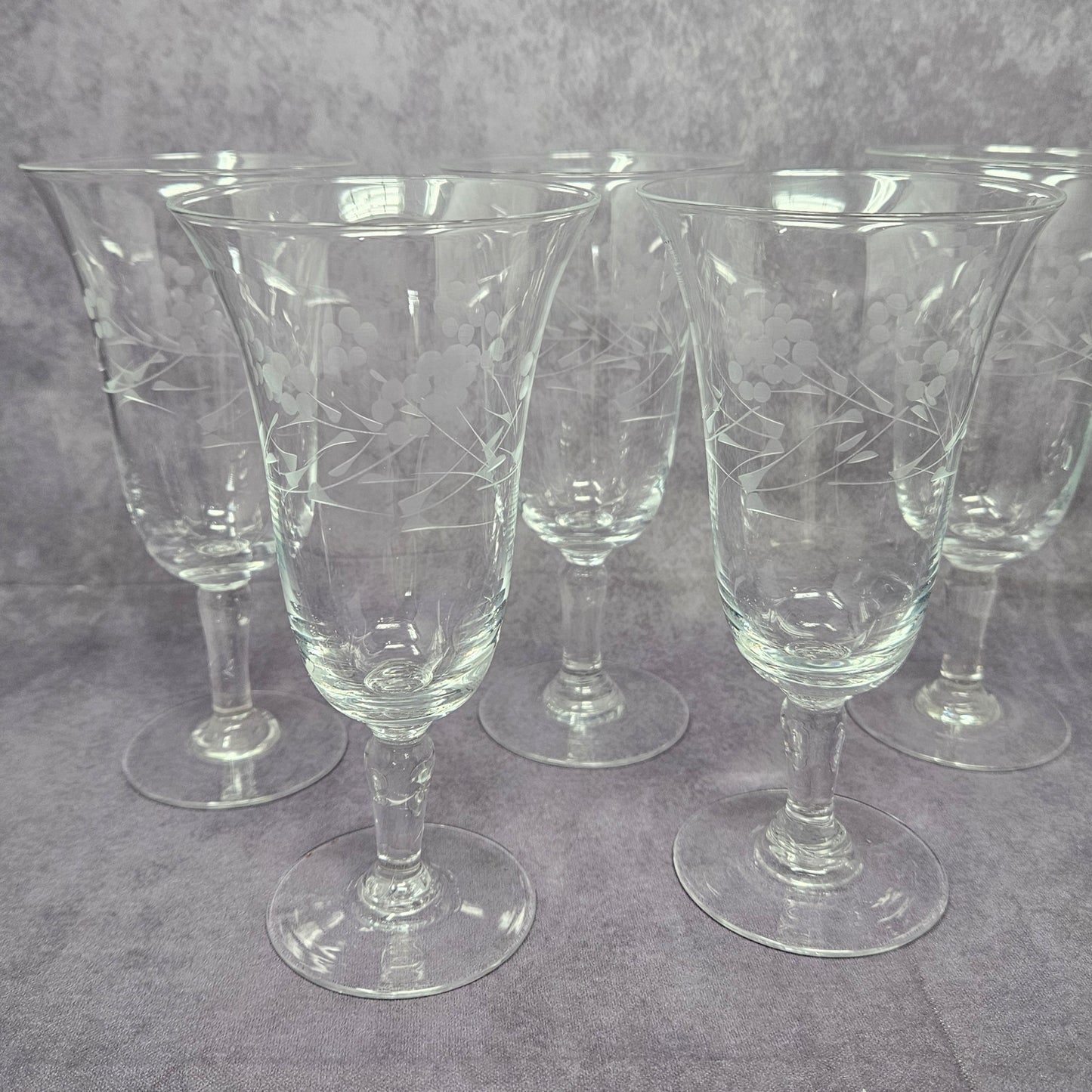Glasses, Cocktail / Sherry / Liqueur Glasses, Blown Glass, Footed, Etched Florals, Set of 6, Vintage