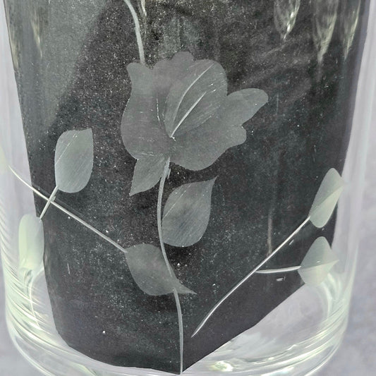 Wine Glasses, Etched Rose and Leaves, Stemware, Set of 2, Straight Sides, Flat Bottom Bowl, ISSUES, Vintage