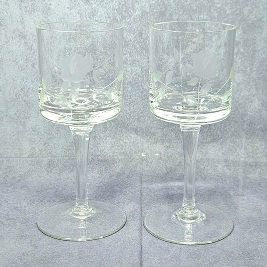 Cordials, Cocktail Stemware, Etched Rose and Leaves, Set of 2 Glasses, Straight Sides, Flat Bottom Bowl, Vintage