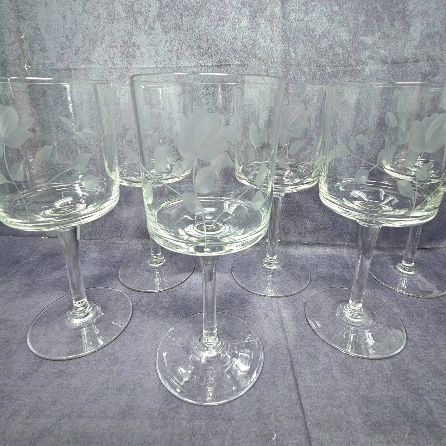 Wine Glasses, Etched Rose and Leaves, Stemware, Set of 6, Straight Sides, Flat Bottom Bowl, Vintage