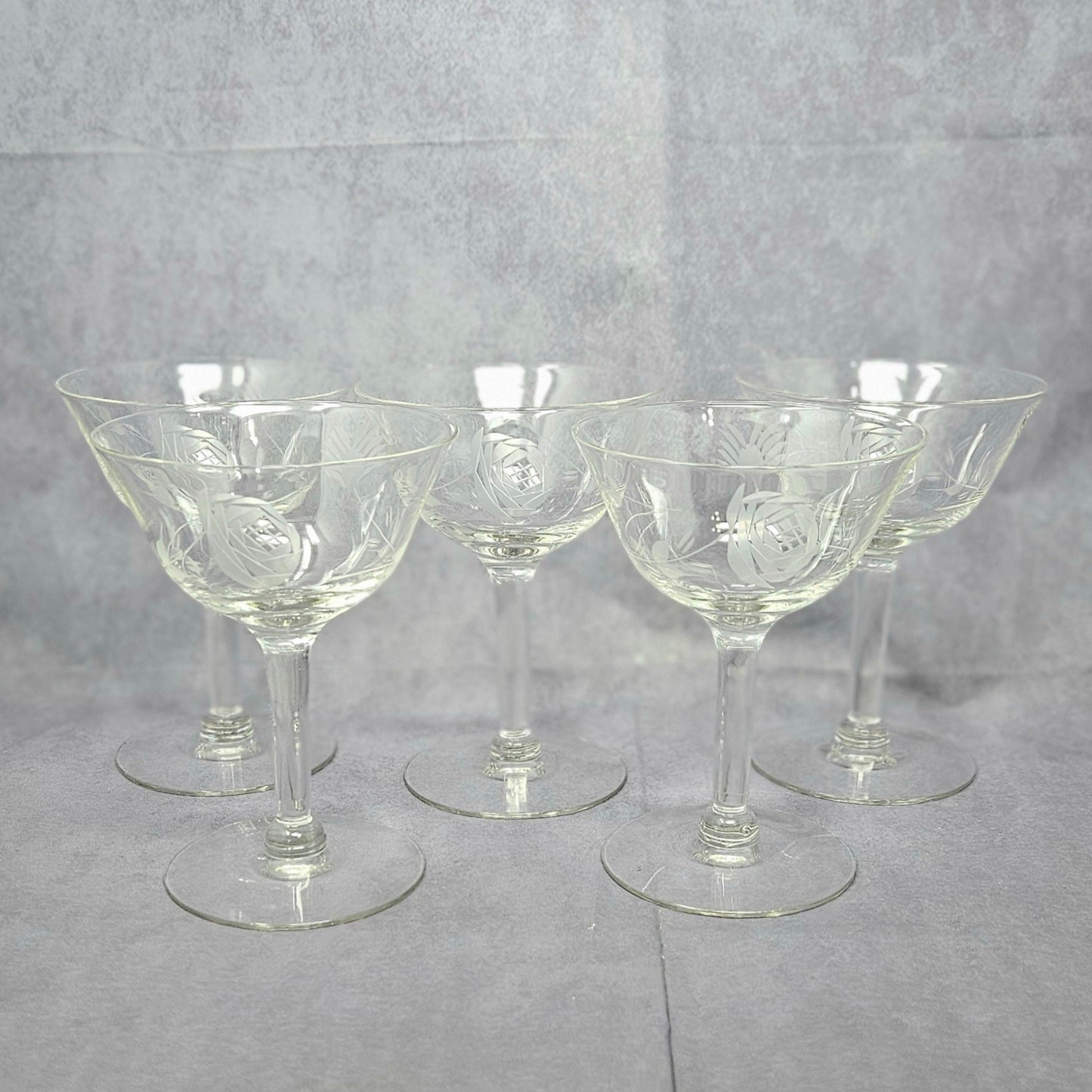 Champagne / Tall Sherbet, Cut / Etched Rose and Leaves, Blown Glass, Set of 5, Vintage