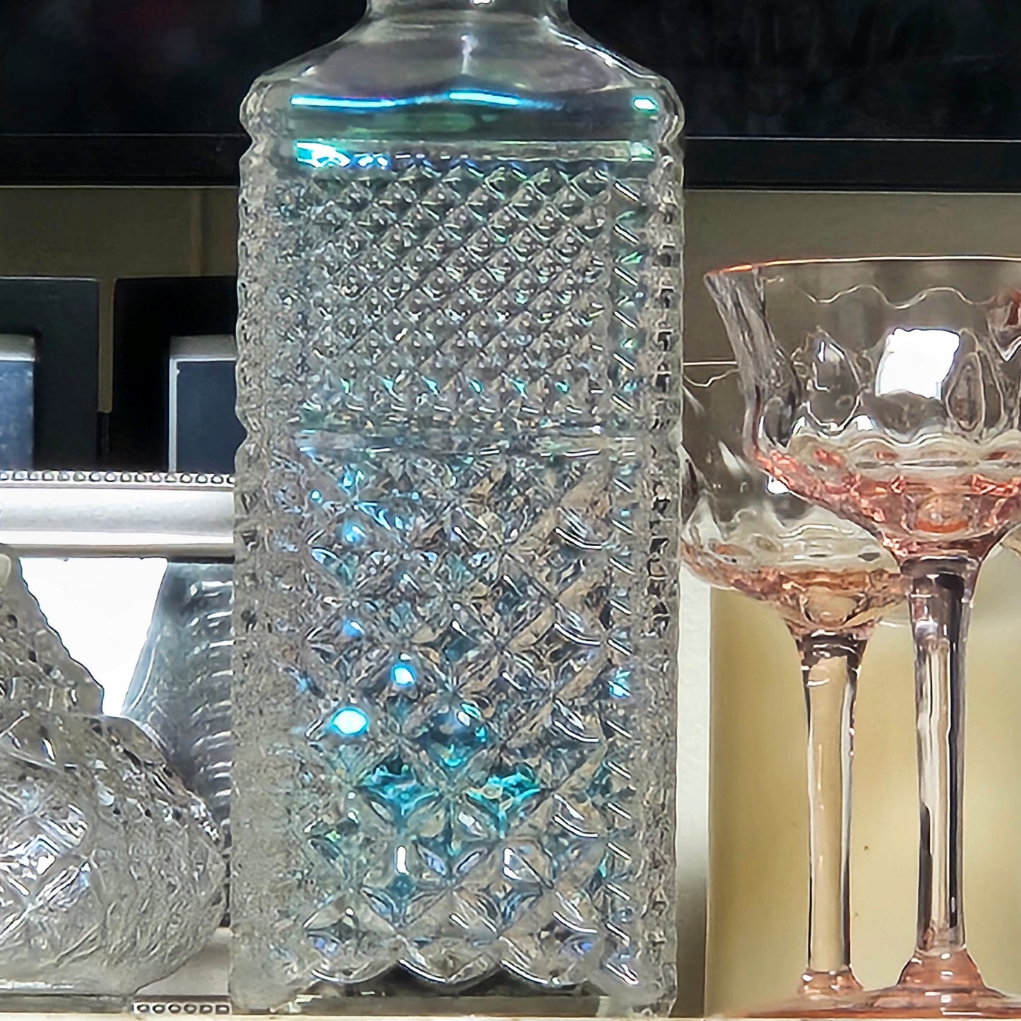 Decanter, Anchor Hocking, Wexford, Square, Paneled Stopper, Diamond Pattern, Made in USA, Vintage, 1970s