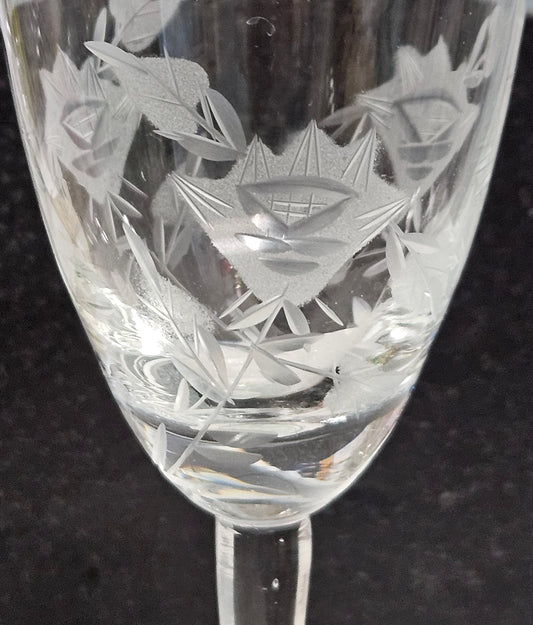 Glasses, Cocktail / Sherry / Liqueur Glasses, Blown Glass, Etched Florals & Leaves, Set of 4, Toscany, Vintage Romania