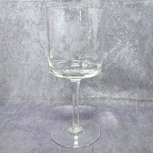 Wine Glasses, Etched Rose and Leaves, Stemware, Set of 2, Straight Sides, Flat Bottom Bowl, ISSUES, Vintage