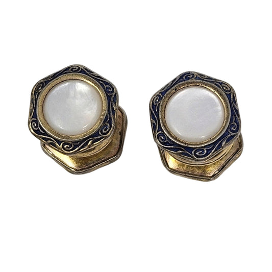 Cufflinks, Baer & Wilde, Art Deco, Mother of Pearl & Blue Enamel, Kum-a-Part Snap Link, Vintage