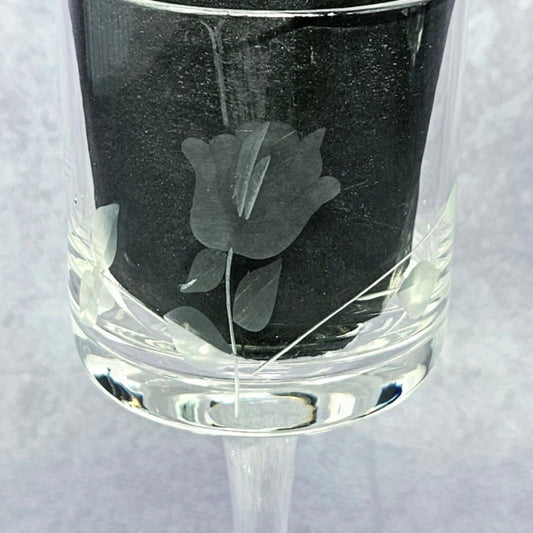 Cordials, Cocktail Stemware, Etched Rose and Leaves, Set of 2 Glasses, Straight Sides, Flat Bottom Bowl, Vintage