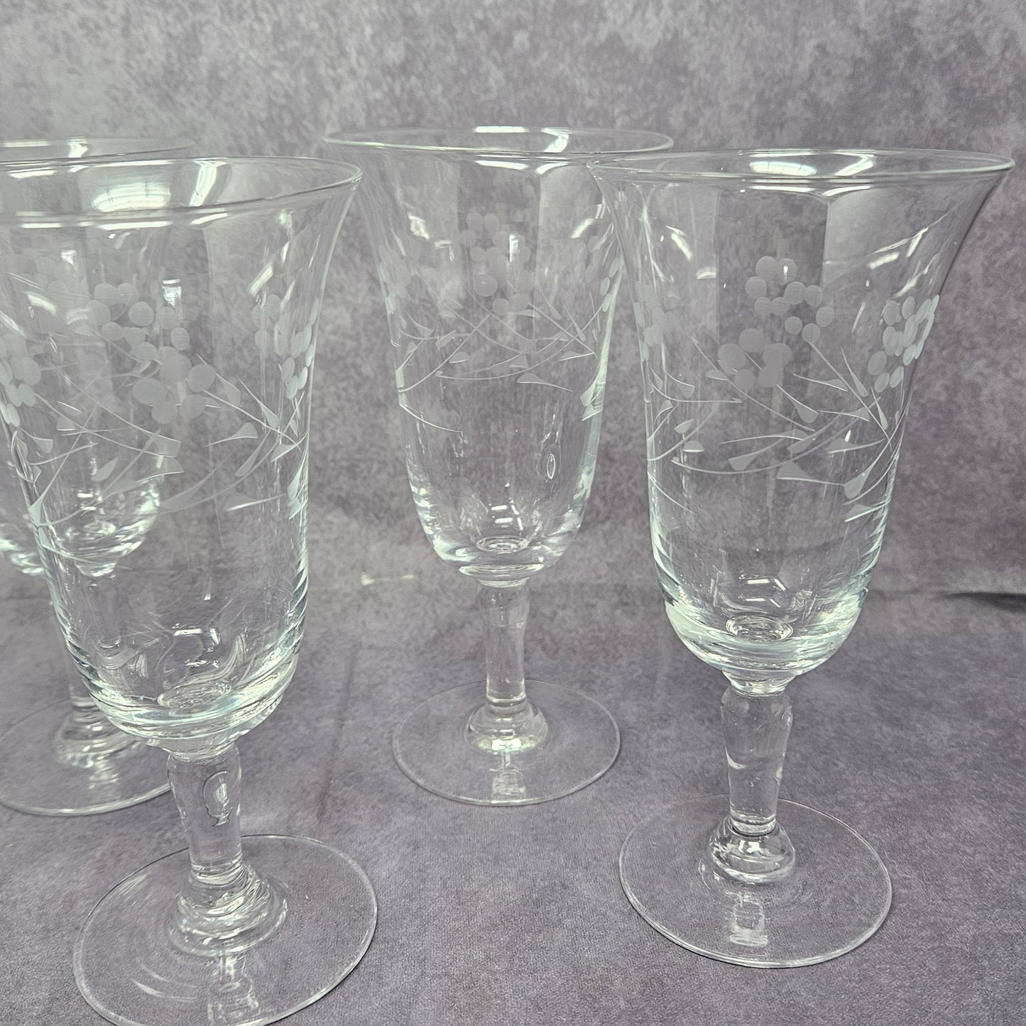 Glasses, Cocktail / Sherry / Liqueur Glasses, Blown Glass, Footed, Etched Florals, Set of 6, Vintage