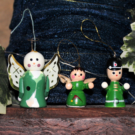Ornaments, Wooden Minis, Angels and Toy Soldier, Set of 3, Vintage Christmas