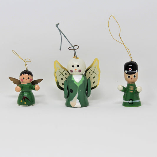 Ornaments, Wooden Minis, Angels and Toy Soldier, Set of 3, Vintage Christmas