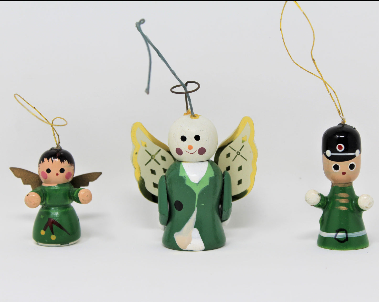 Ornaments, Wooden Minis, Angels and Toy Soldier, Set of 3, Vintage Christmas