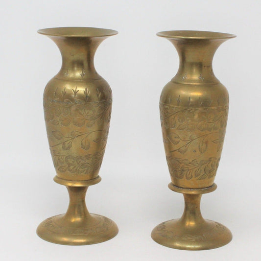 Candle Holders, Indian Brass, Hand Carved Floral, Set of 2, Vintage