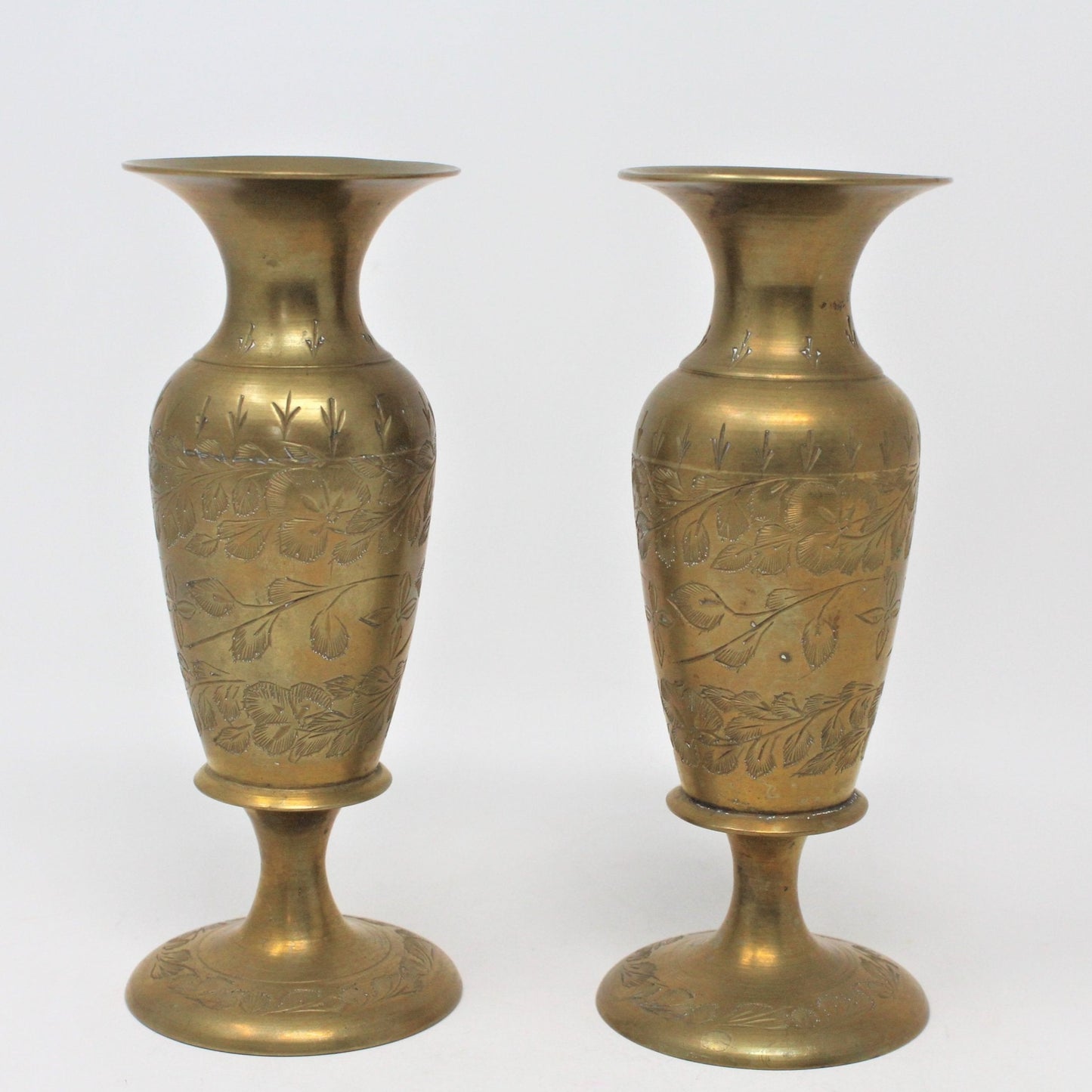 Candle Holders, Indian Brass, Hand Carved Floral, Set of 2, Vintage