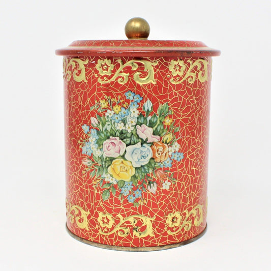 Tins, Gift Tin / Cookie Tin, Red with Roses, Cylinder Vintage, West Germany