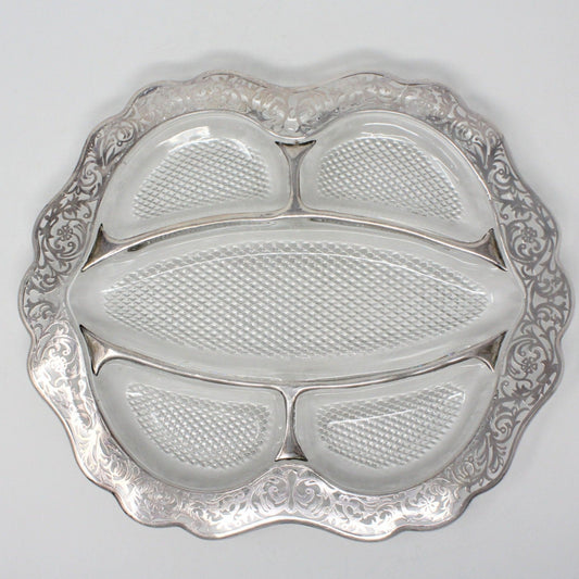 Divided Relish Tray, Cambridge Glass, Silver Overlay Filigree, Vintage