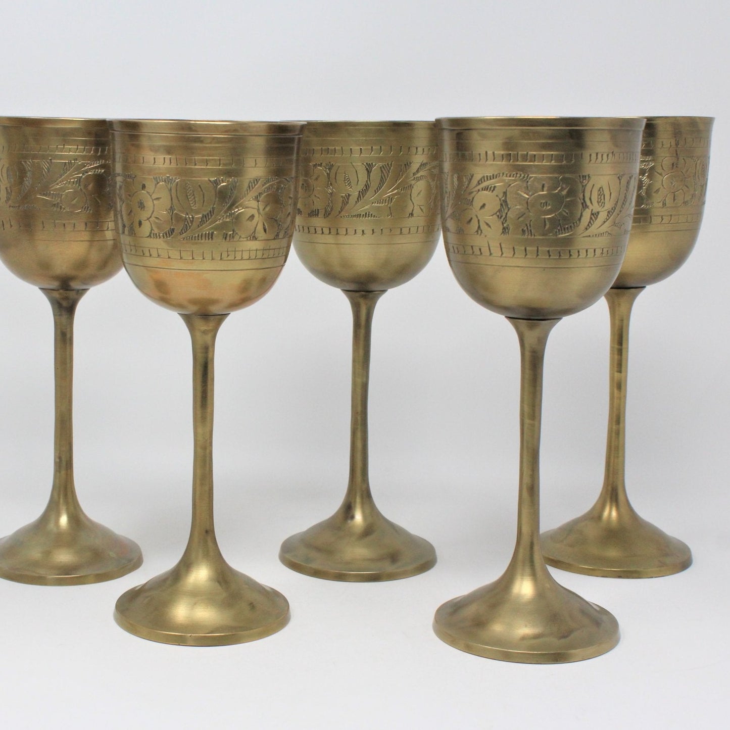 Wine Glasses, Hand Carved Brass, Set of 6, Vintage