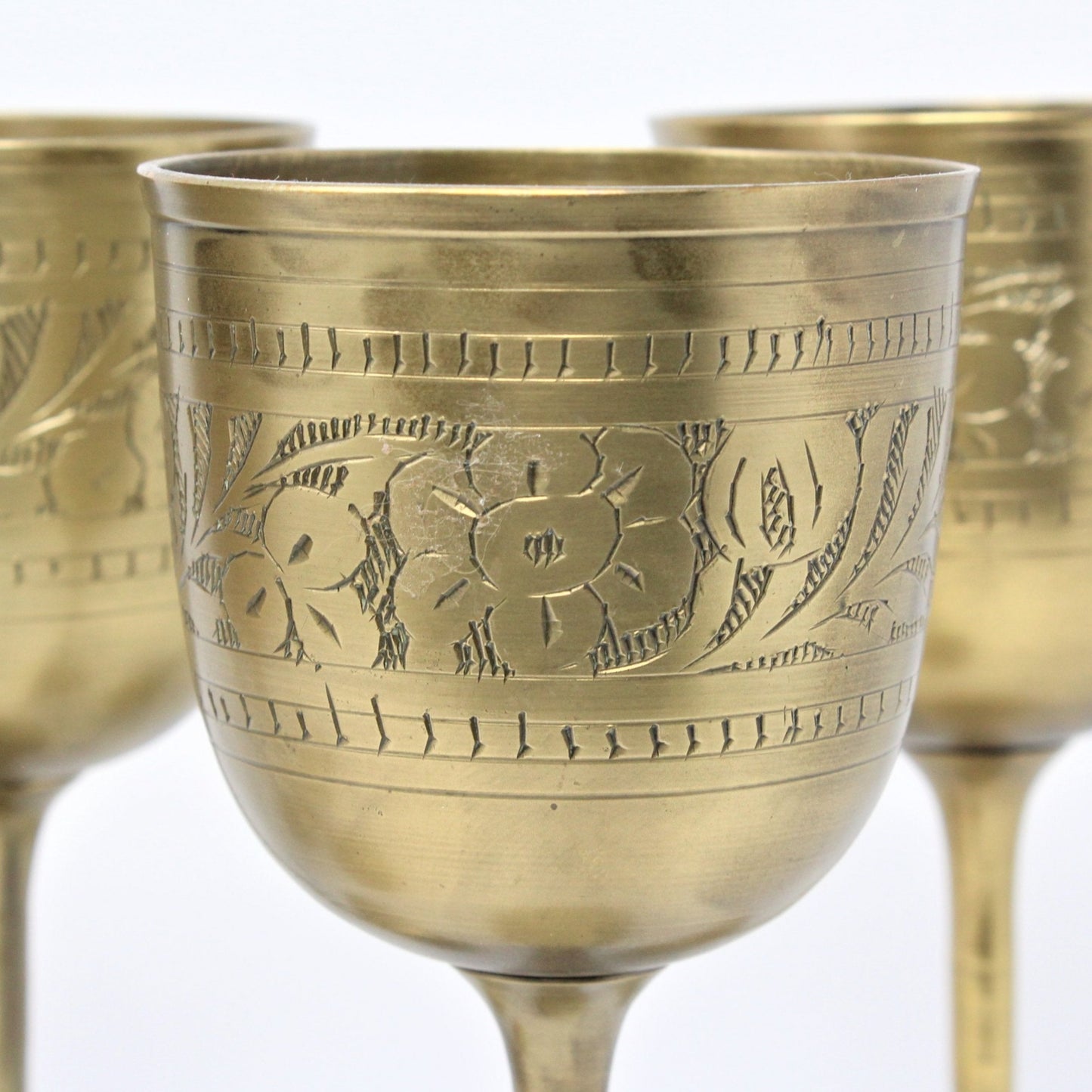 Wine Glasses, Hand Carved Brass, Set of 6, Vintage
